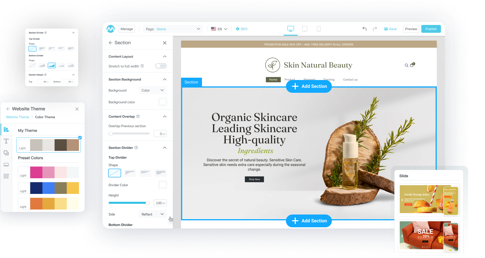 The key highlights of the website design feature include the ability to design multiple layouts with just a click, drag, and drop on website creation are available on the website builder, MakeWebEasy Version 4.